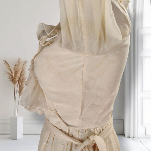 Vintage 70s Ruffle Neck Maxi Dress Size 4 Cream Eyelet Voile Bell Sleeve - Picture 12 of 16